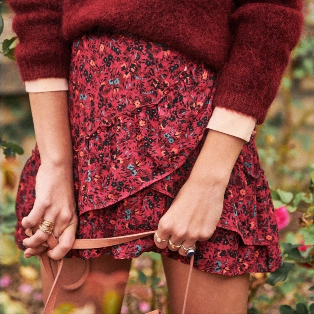 Sezane Carolina lined skirt print flower Bordeaux